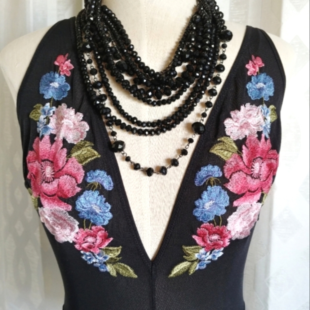 Floral Embroidery Black V Neck Sheer Bodysuit Small - Pink & Blue
